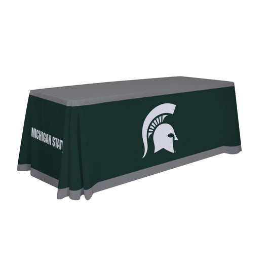 A 6' table with a green cover that features a white Spartan Helmet design and a gray top.