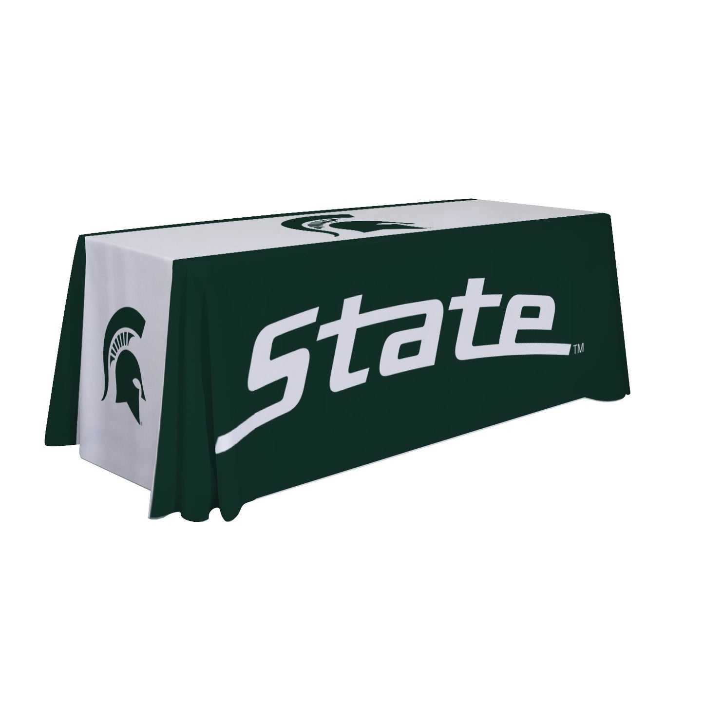 A 6' table with a green cover that features a white stripe decorated with green Spartan Helmet logos, and the "State" wordmark.