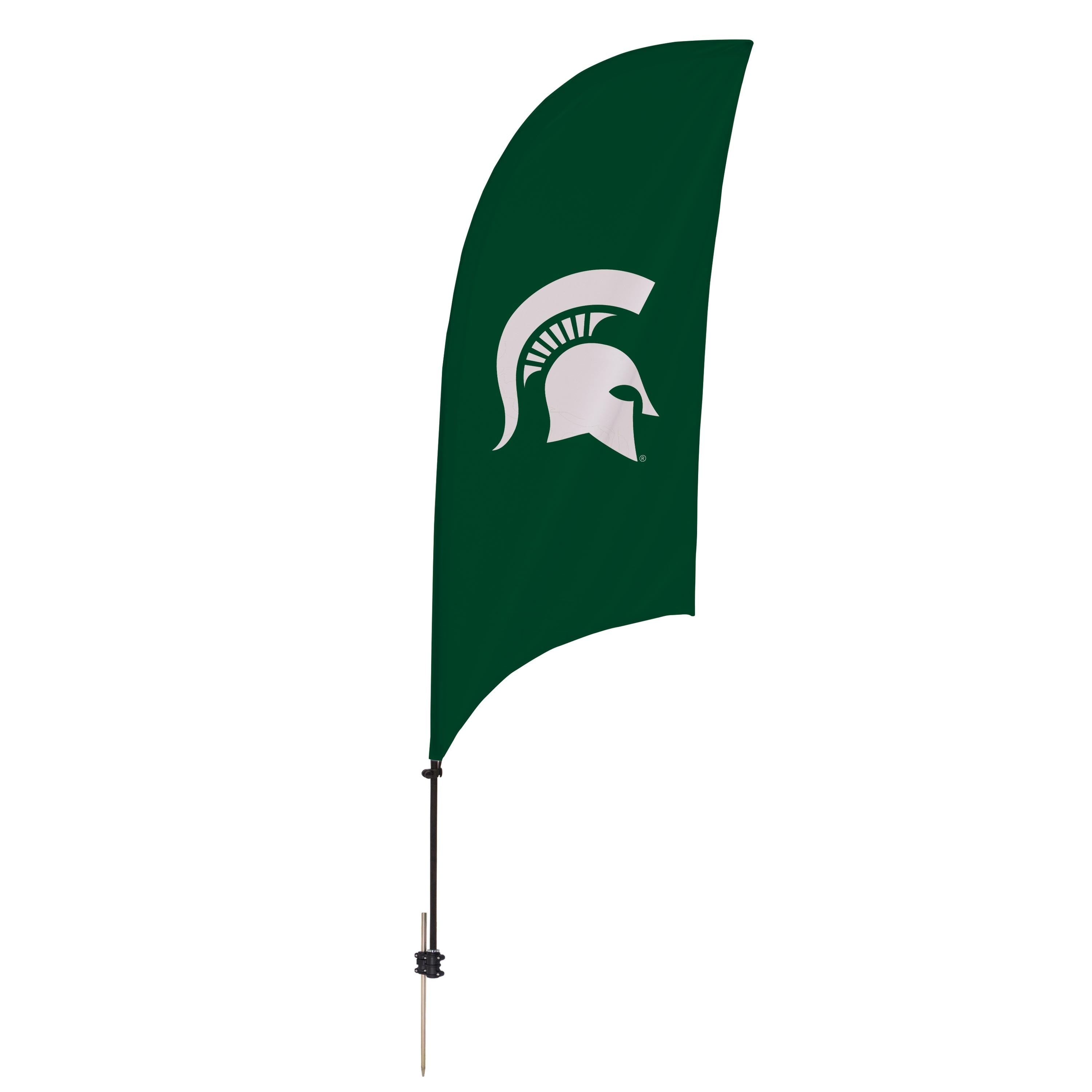 A standing flag in green with a white Spartan helmet design.