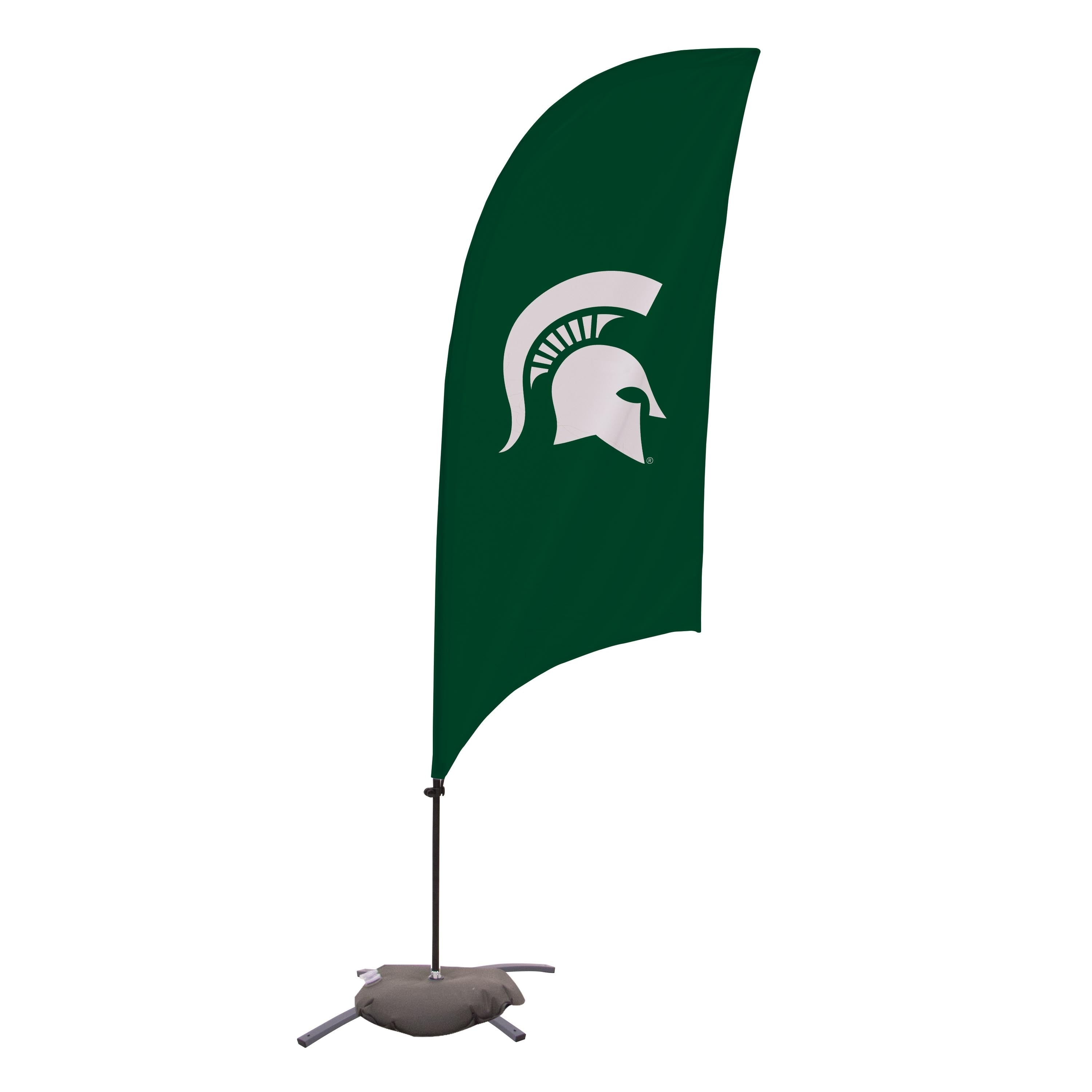 A green standing flag with a white Spartan helmet logo in the center.