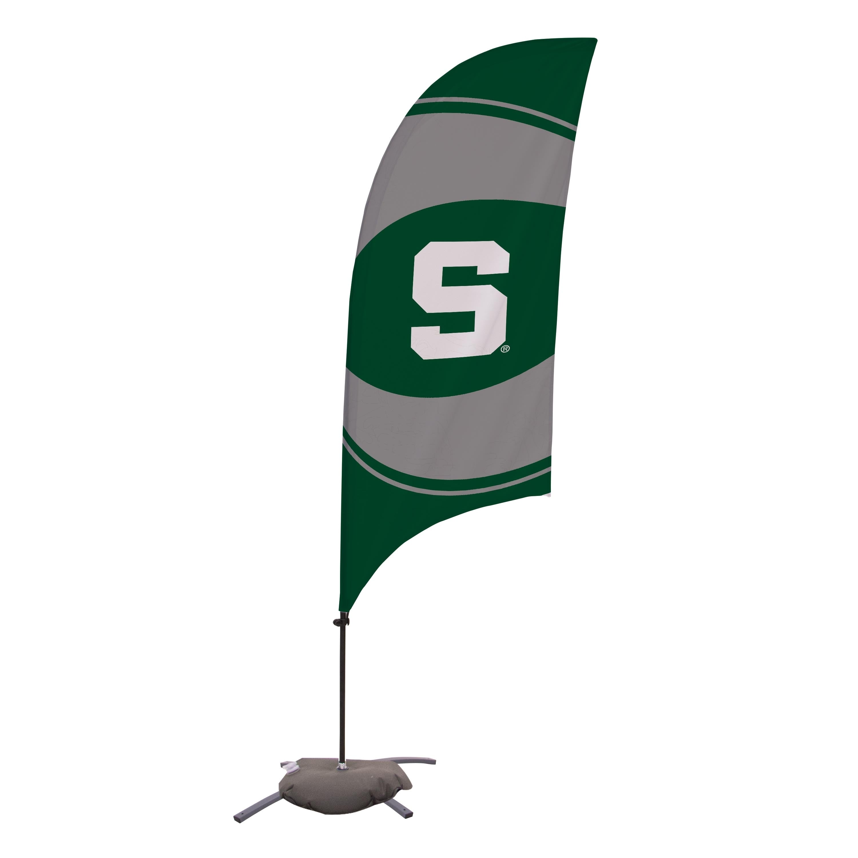 A green standing flag with a gray circle design and a white block S in the center.