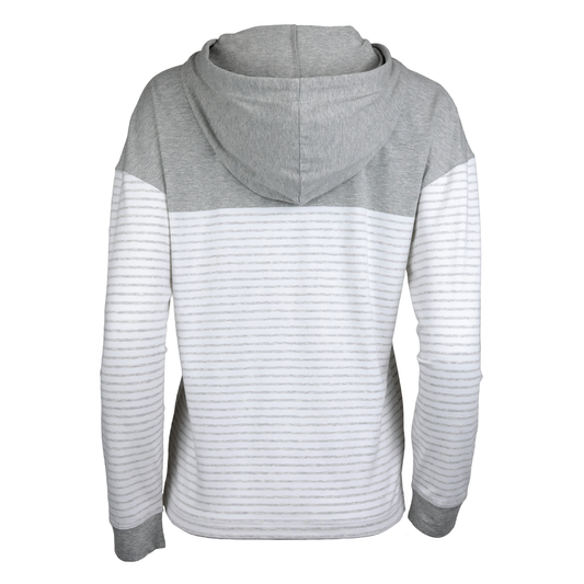 Back of a gray and white striped quarter-zip hoodie. The top half of the quarter-zip hoodie is solid gray. The drawstrings, zipper, and cuffs are also solid gray. The rest of the hoodie has gray and white stripes.