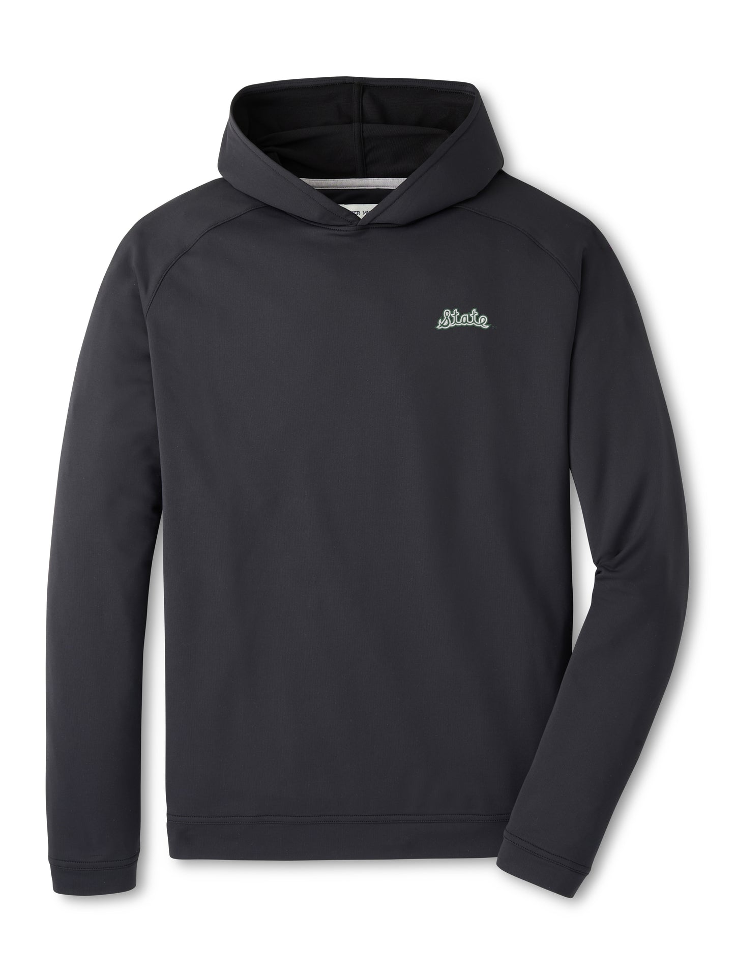 Black hoodie with "State" written in script on the upper left chest.