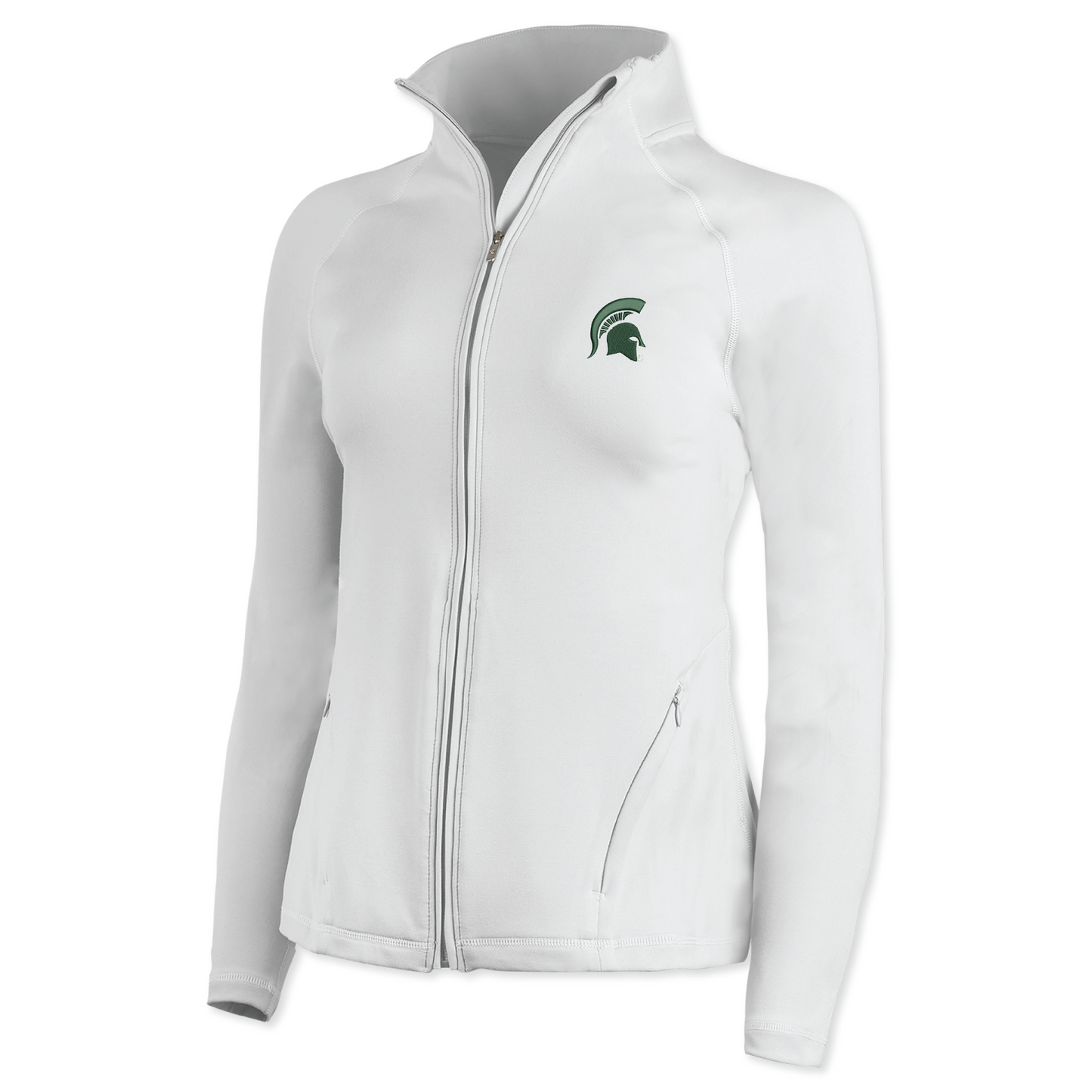 White zip-up jacket with long sleeves, featuring a green Spartan Helmet logo on the left chest and two zippered pockets near the waist.