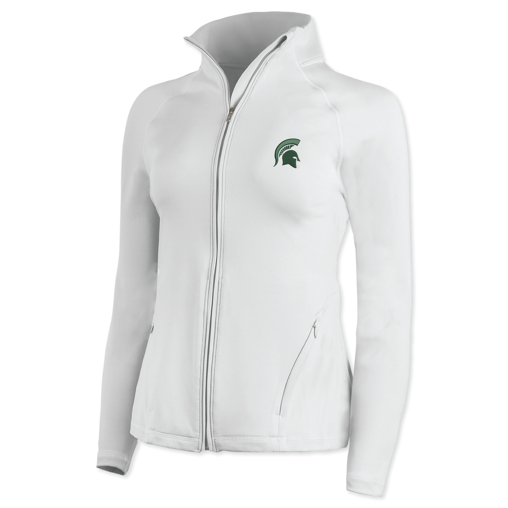 White zip-up jacket with long sleeves, featuring a green Spartan helmet logo on the left chest and two zippered pockets near the waist.