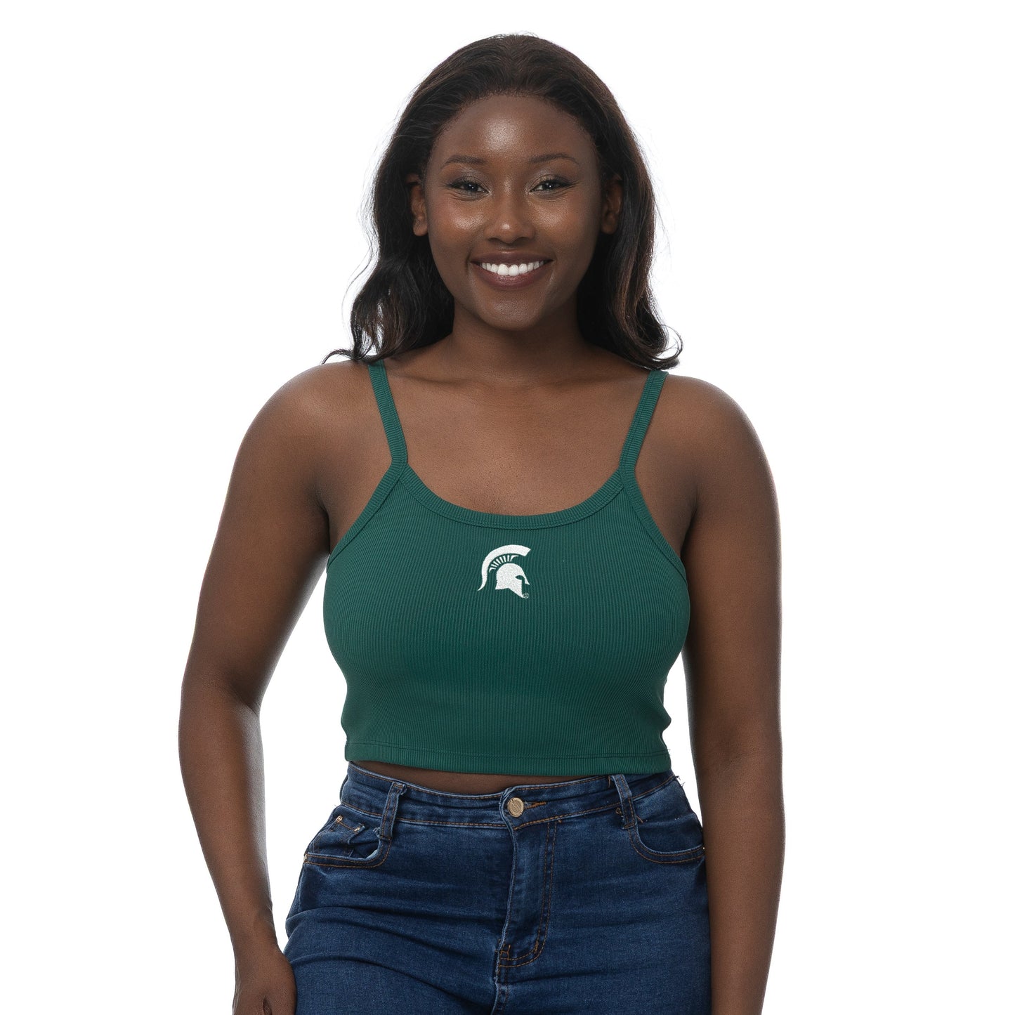 Green thin strapped tank top with scoop neck neckline. In center of shirt is a white embroidered Spartan helmet.