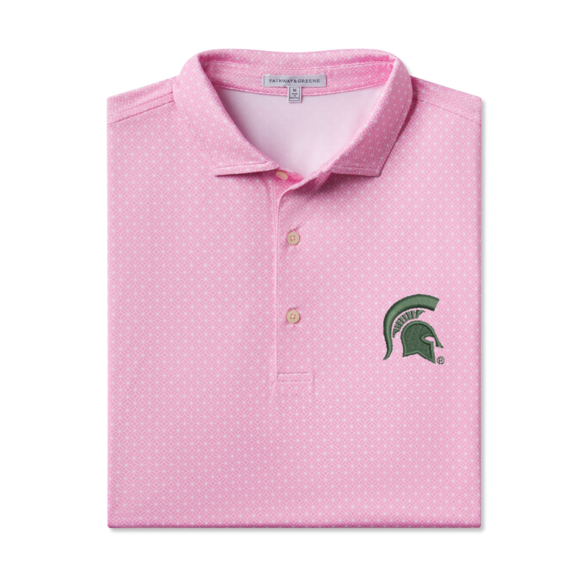 Pink folded polo with green Spartan head logo on the right breast.