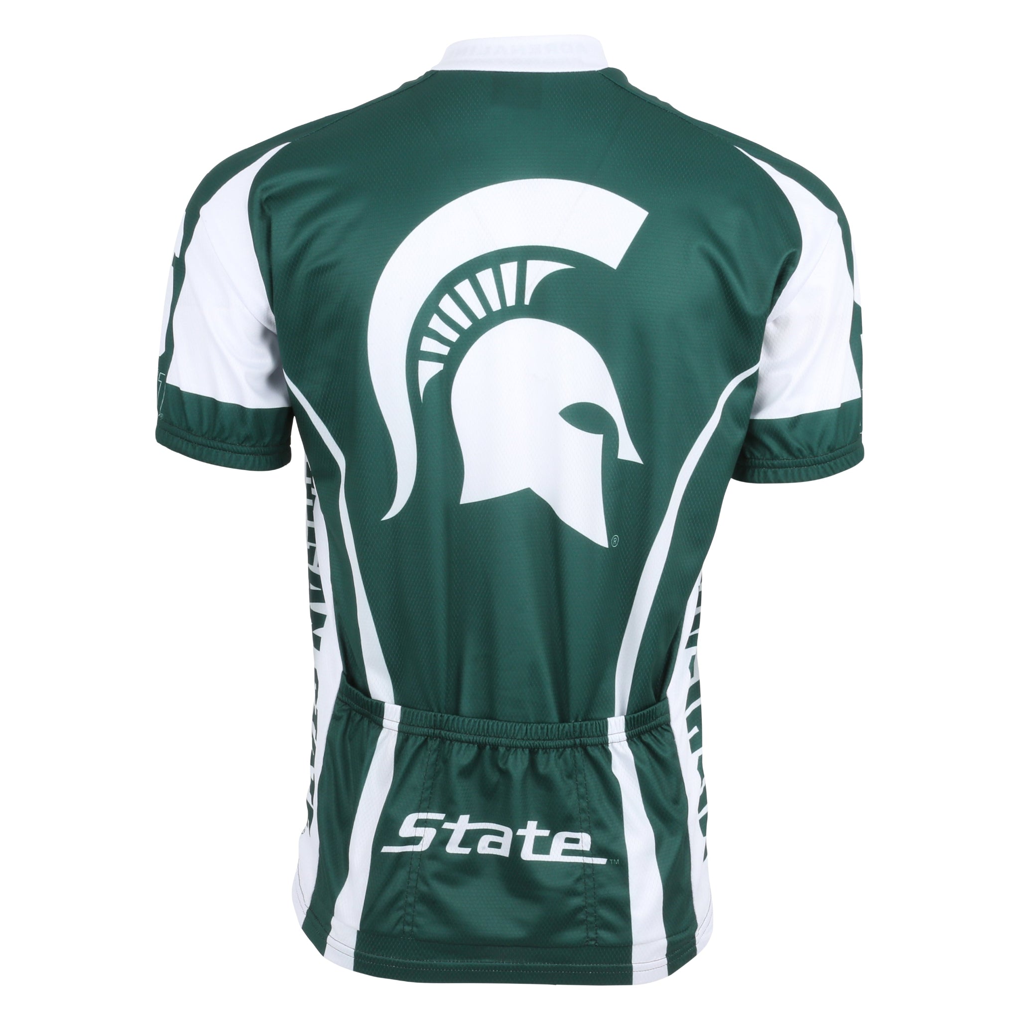 The back of a green cycling jersey with a white Spartan helmet and "State" in white.