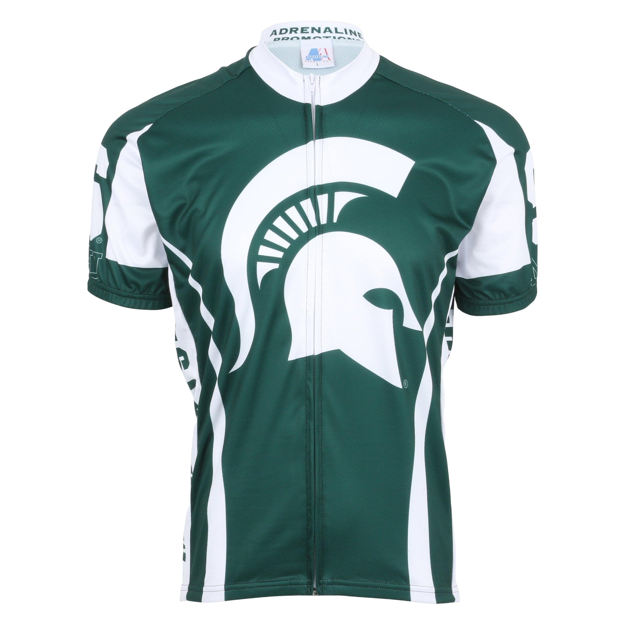 A green cycling jersey with white accents and a white Spartan helmet logo on the chest and "Michigan State" printed vertically on the side in green.