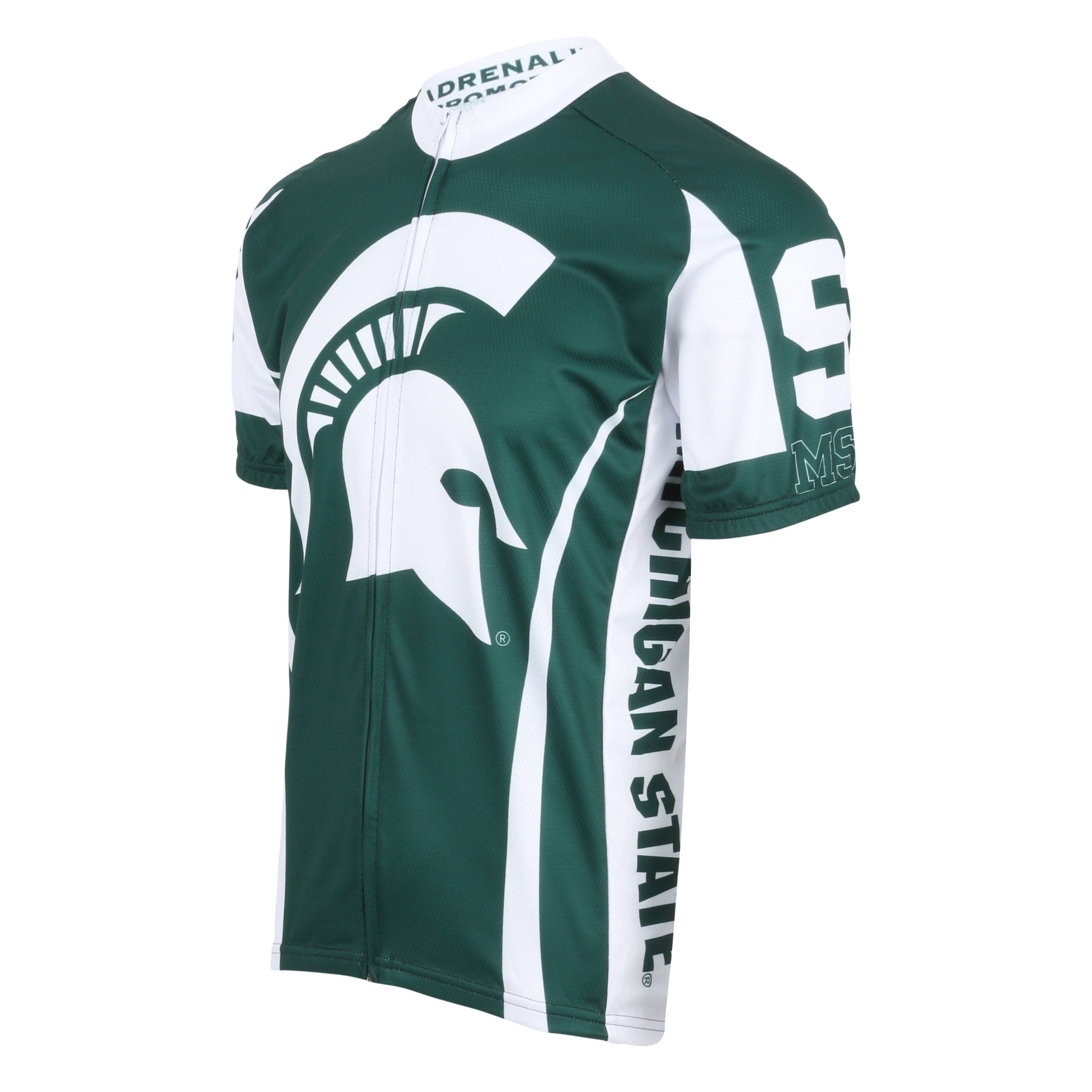 A green cycling jersey with white accents and a white Spartan helmet logo on the chest and "Michigan State" printed vertically on the sides in green.