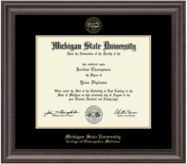 The diploma is enclosed in a dark wood frame with a black matte and gold trim. 'Michigan State University' is printed in gold lettering at the bottom center of the frame. Below in gold lettering is 'College of Osteopathic Medicine'.