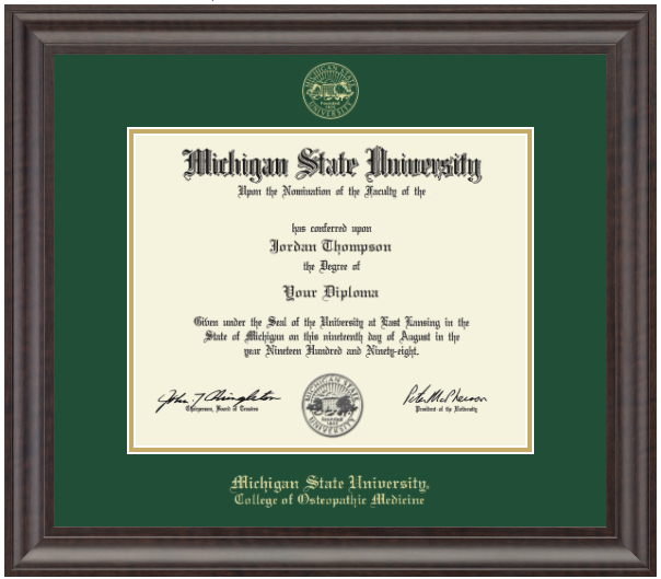 The diploma is enclosed in a dark wood frame with a green matte and gold trim. 'Michigan State University' is printed in gold lettering at the bottom center of the frame. Below in gold lettering is 'College of Osteopathic Medicine'.