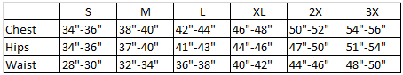 Sizing chart.
