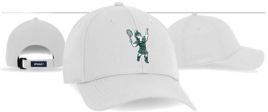 Three views of a white hat with a metallic green logo of Sparty tennis player in mid-action on the front.