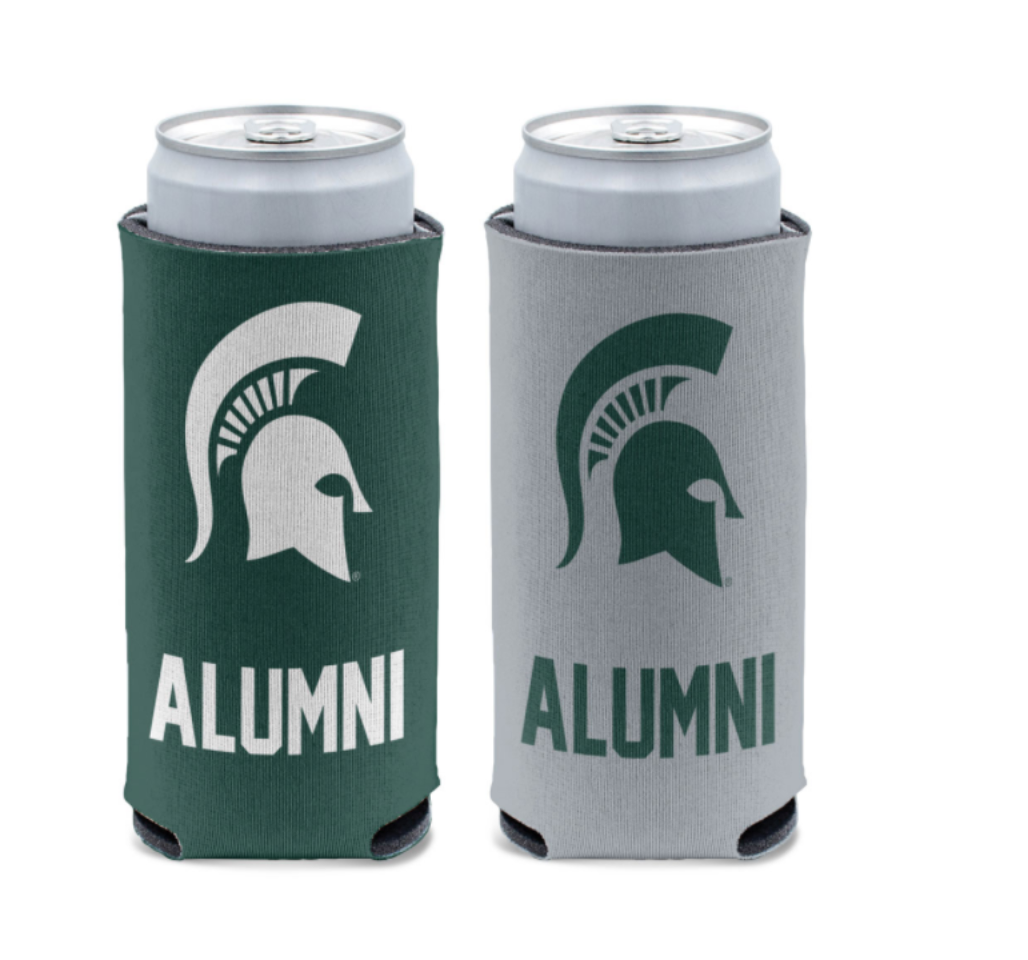 Two 12oz can coolers, one green and one gray, with 'ALUMNI' text and a Spartan helmet logo on them, indicating school spirit.