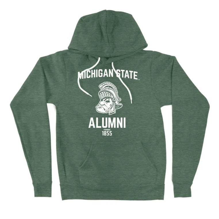 A green hoodie with a white design reading "Michigan State Alumni" around a Gruff Sparty logo.