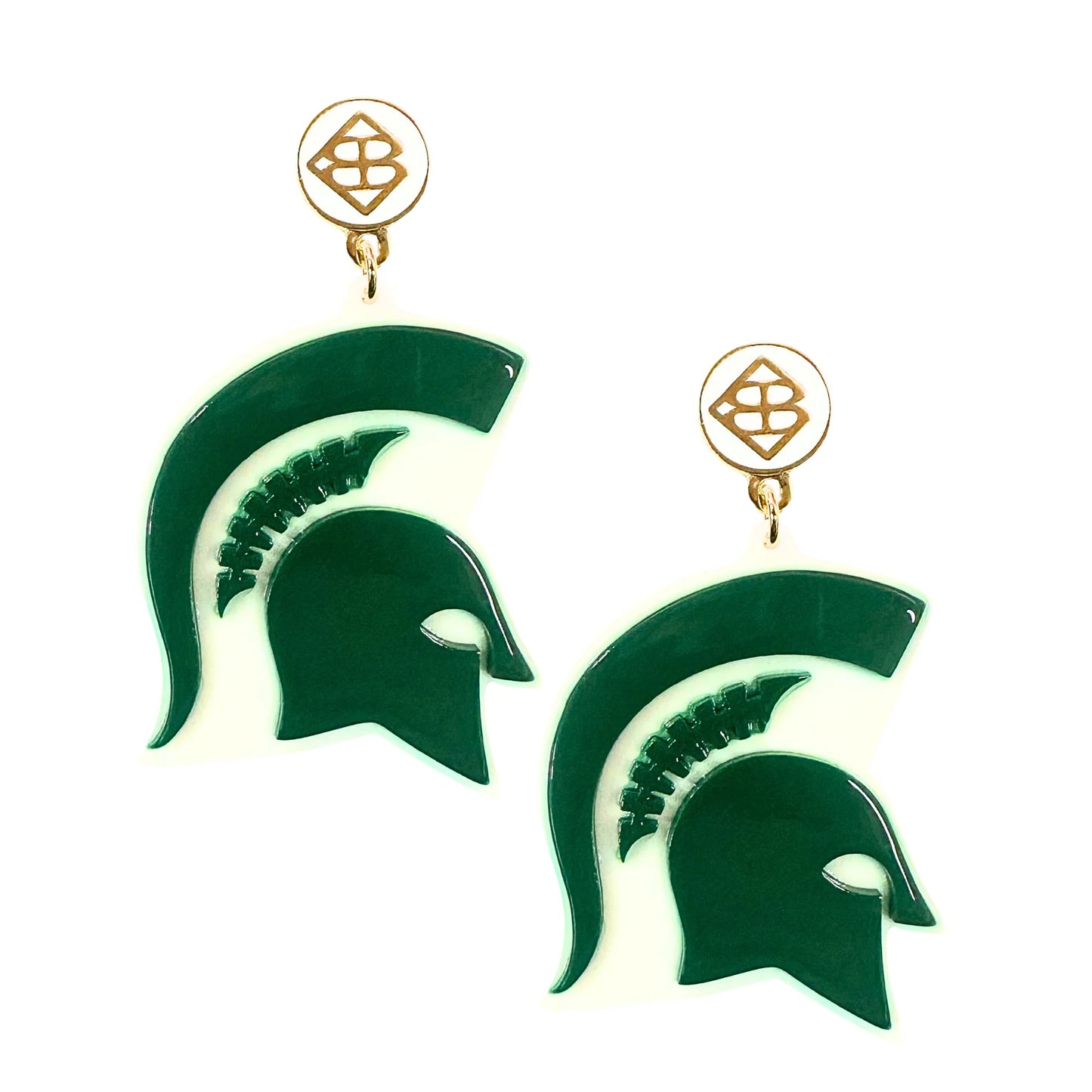 Gold and white angle earrings shaped like a green Spartan Helmet logo.