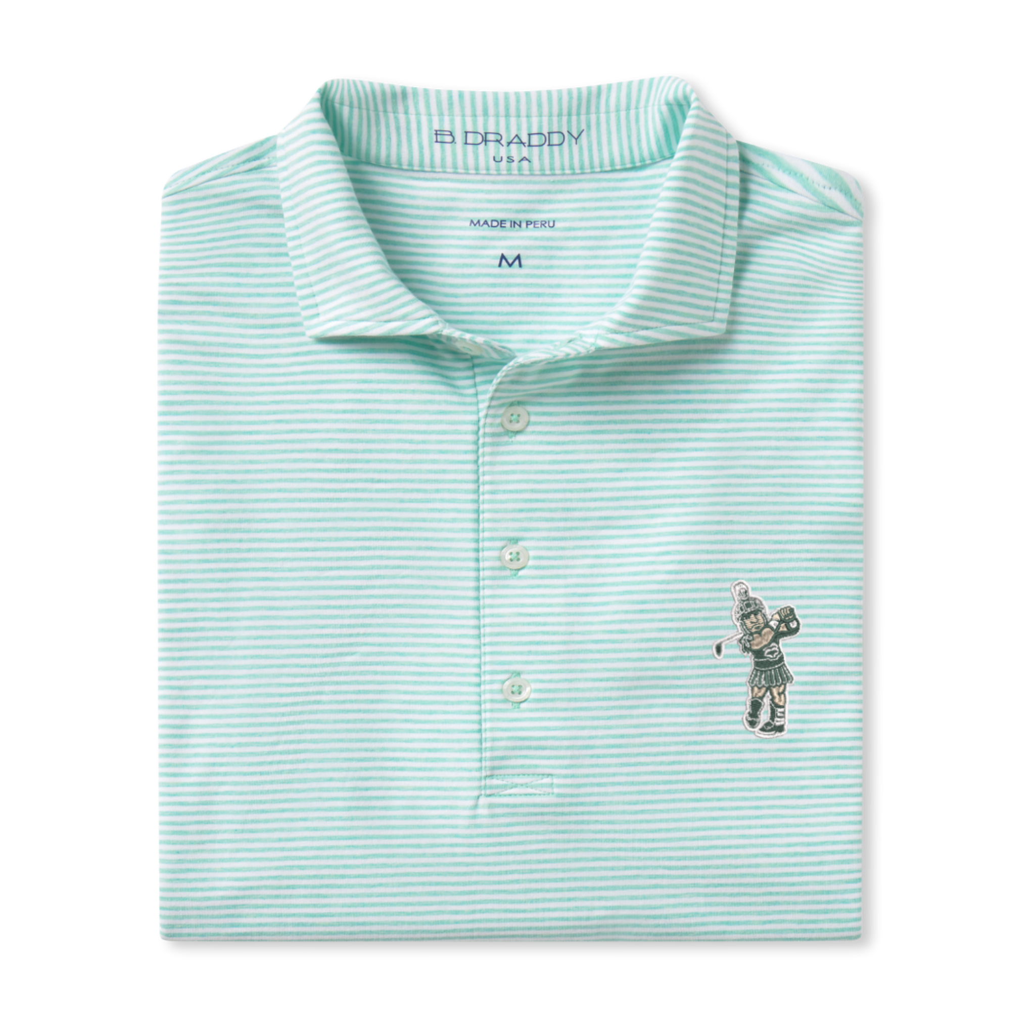Folded light green and white striped polo shirt with a collar and three buttons. Features an embroidered Golfing Sparty design on the left chest and "B DRADDY" branding inside the collar.