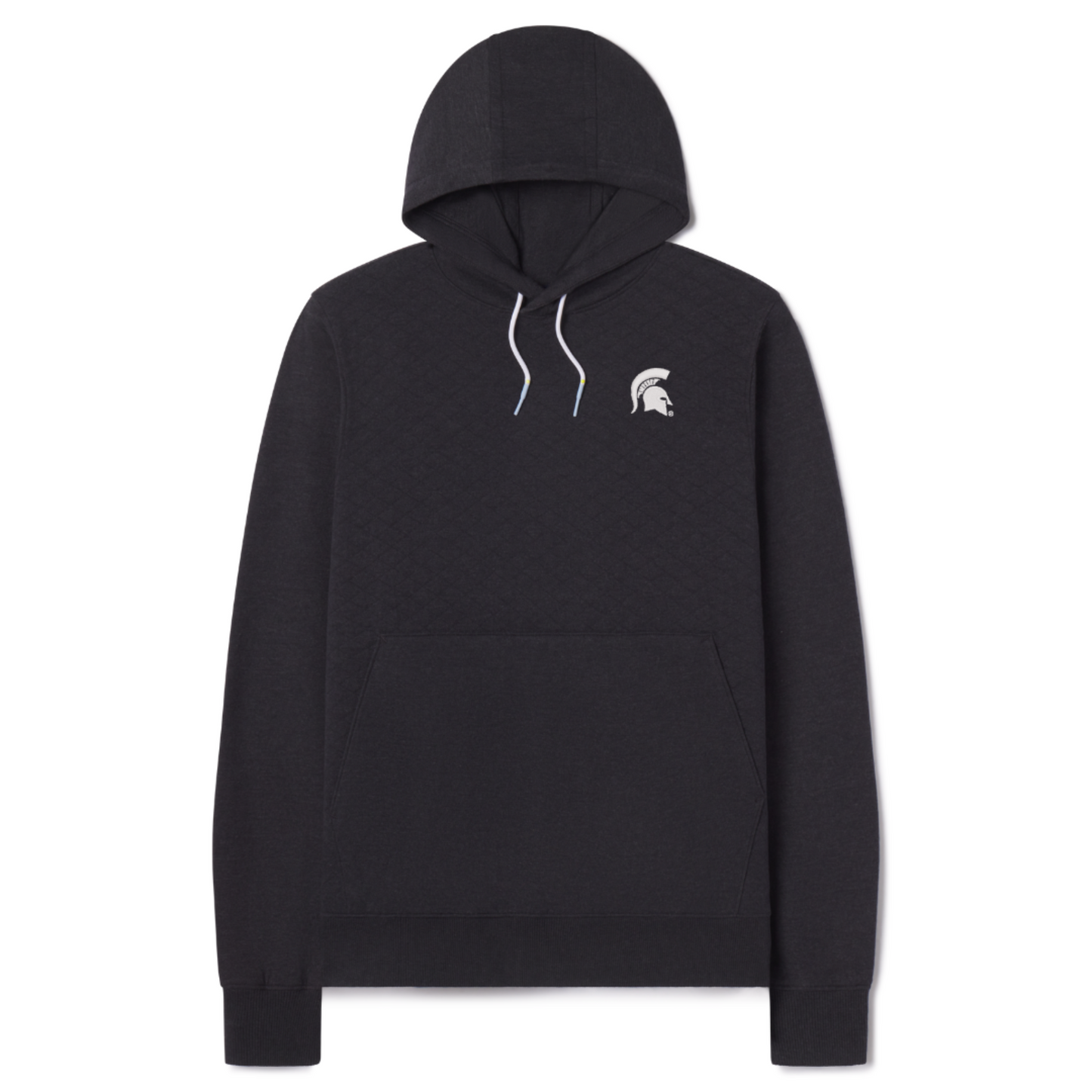 Black drawstring and quilted hoodie with a white Spartan Helmet logo on the left upper chest. Shown on a white background.