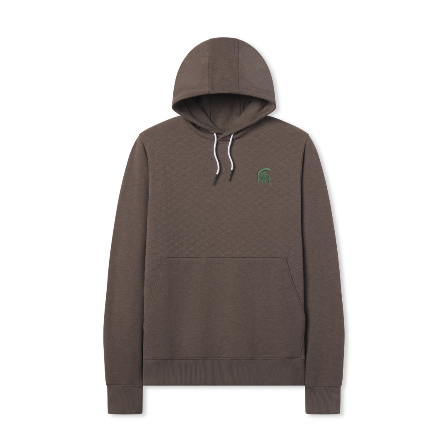 Brown quilted hoodie with a kangaroo pouch in front. Embroidered on left chest is a green Spartan helmet logo.