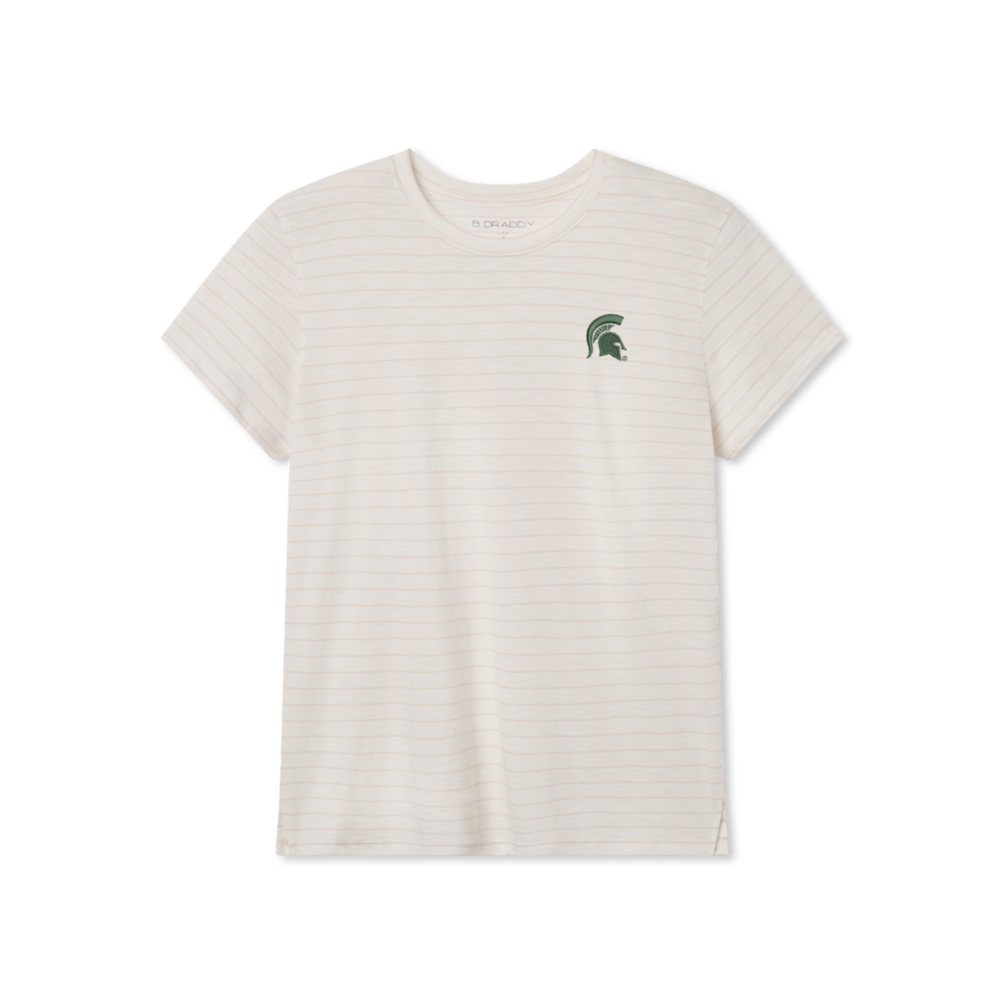 Cream based color crew short sleeve shirt with light brown thin stripes. On the left chest is a green embroidered Spartan helmet.