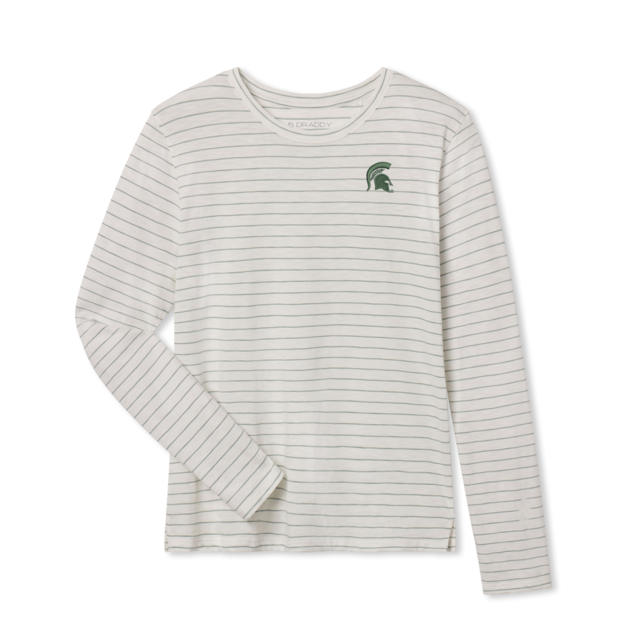 Off white long-sleeved shirt with thin green horizontal stripes, featuring a small embroidered green Spartan helmet logo on the left chest. The shirt has a round neckline and the brand name 'D READY' is visible inside the collar.