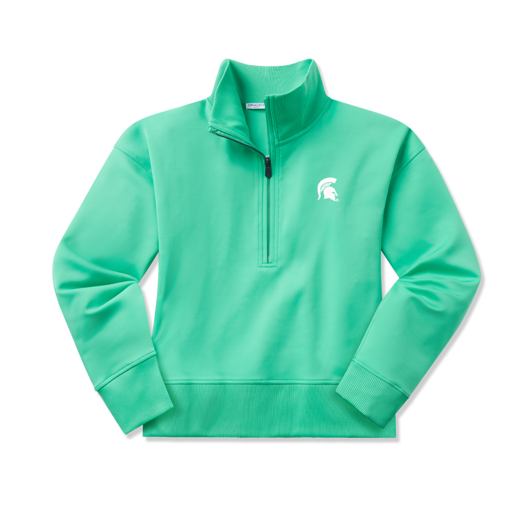 Bright green quarter-zip with a white Spartan Helmet logo embroidered on the upper left chest and a black zipper. Shown on a white background.