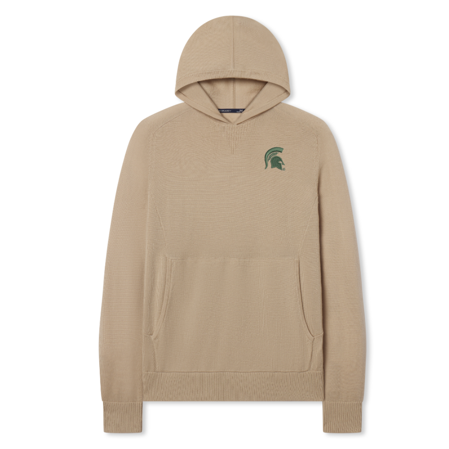 Beige hoodie sweater with long sleeves, front pocket, and green Spartan helmet logo on the left chest.