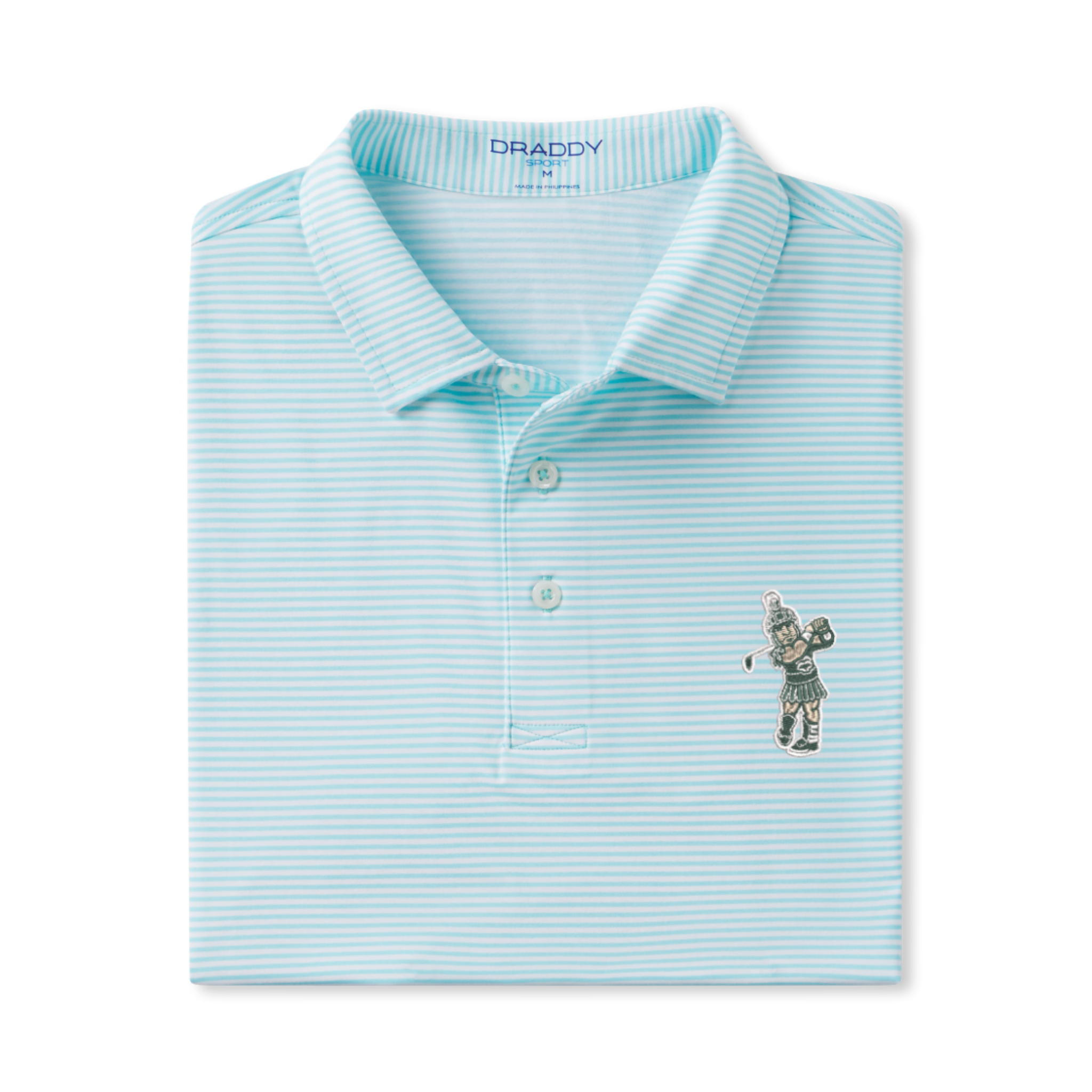 Folded light blue and white striped polo shirt with a collar and three-button placket. Features an embroidered Golf Sparty design on the left chest and "DRADDY" branding inside the collar.