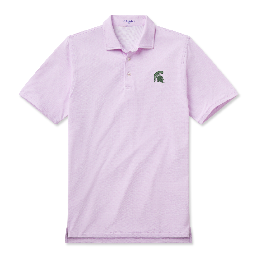Light purple polo with a three-button placket and dark green Spartan Helmet logo embroidered on the upper left chest. Shown on a white background.