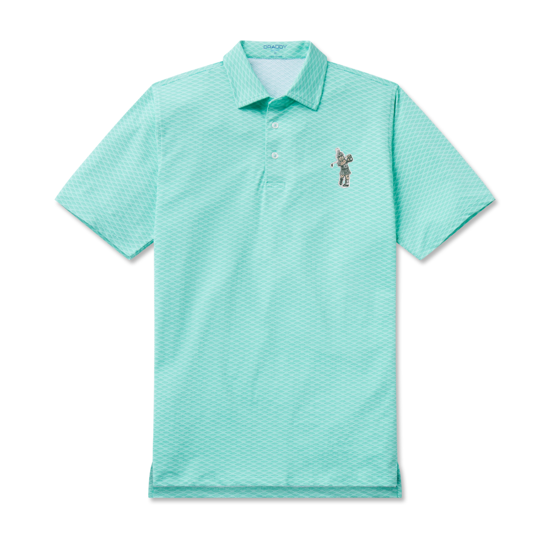 Bright teal polo with a three-button placket, white diamond pattern, and the Golf Sparty logo embroidered on the upper left chest. Shown on a white background.