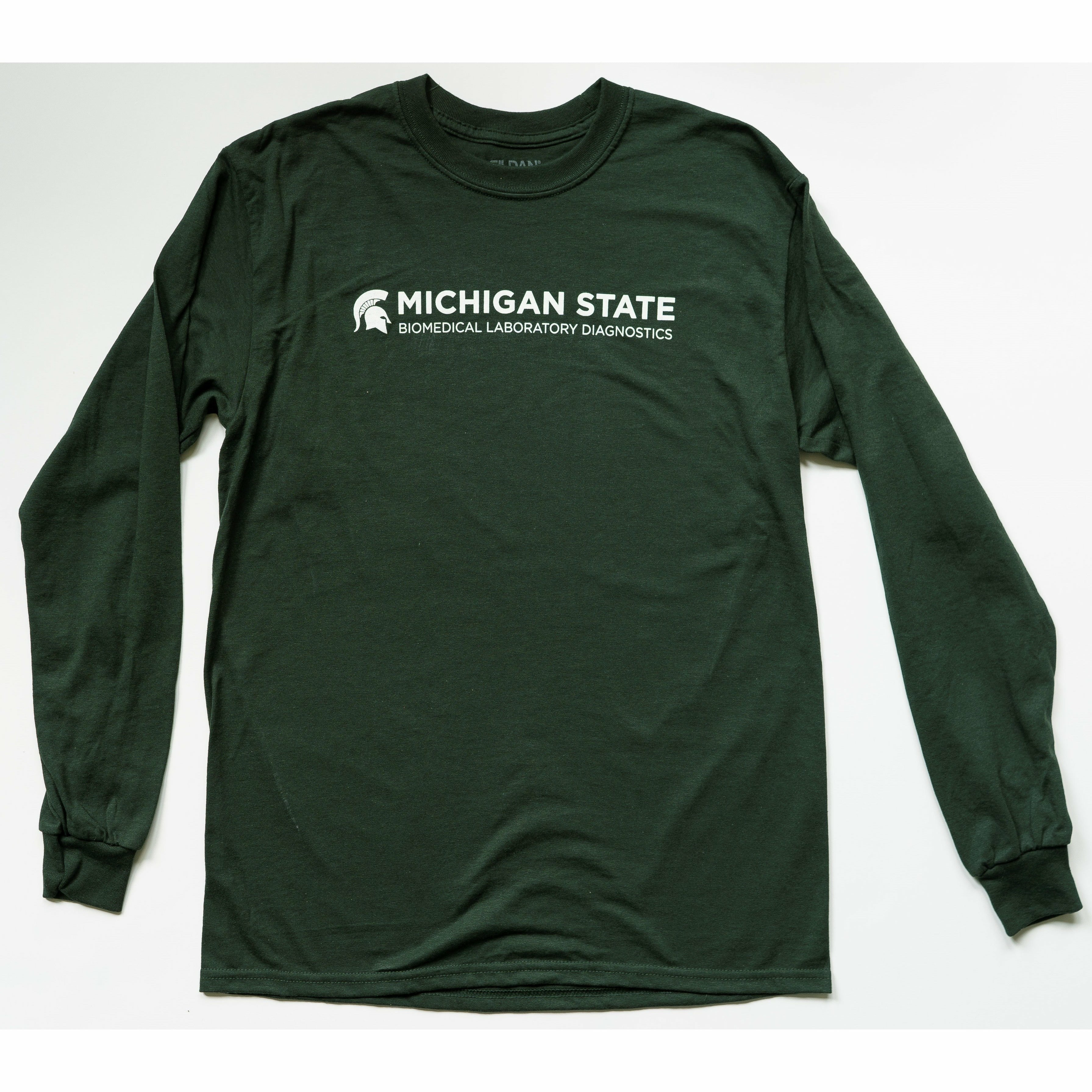 Forest green crewneck t-shirt with long sleeves. Across the center chest is text on two lines reading Michigan State (in bold) and Biomedical Laboratory Diagnostics. To the left of the text is a white Spartan helmet.