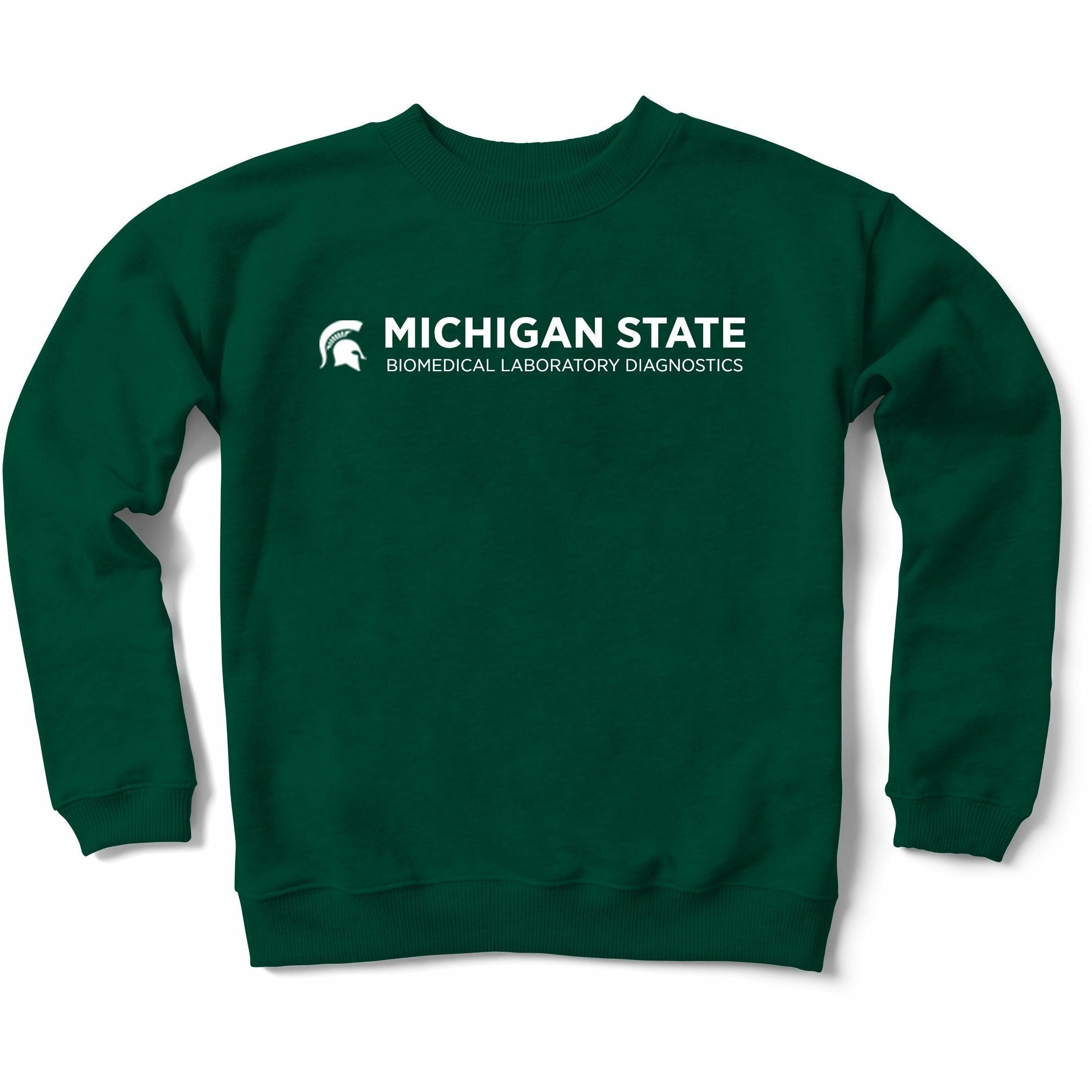 A forest green crewneck sweatshirt with the MSU Biomedical Laboratory Diagnostics signature logo displayed on the chest in white.