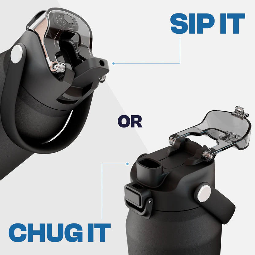 Black water bottle with sip and chug lid options.