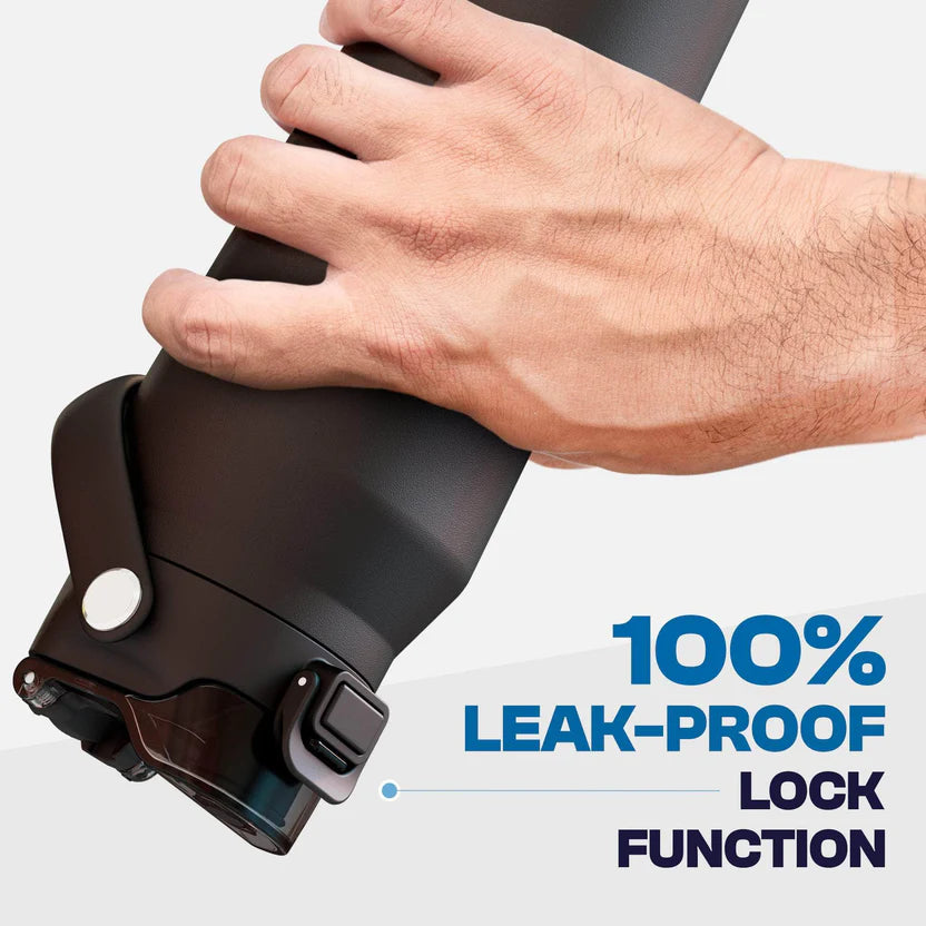 Hand holding a black water bottle with text indicating 100% leak-proof lock function.