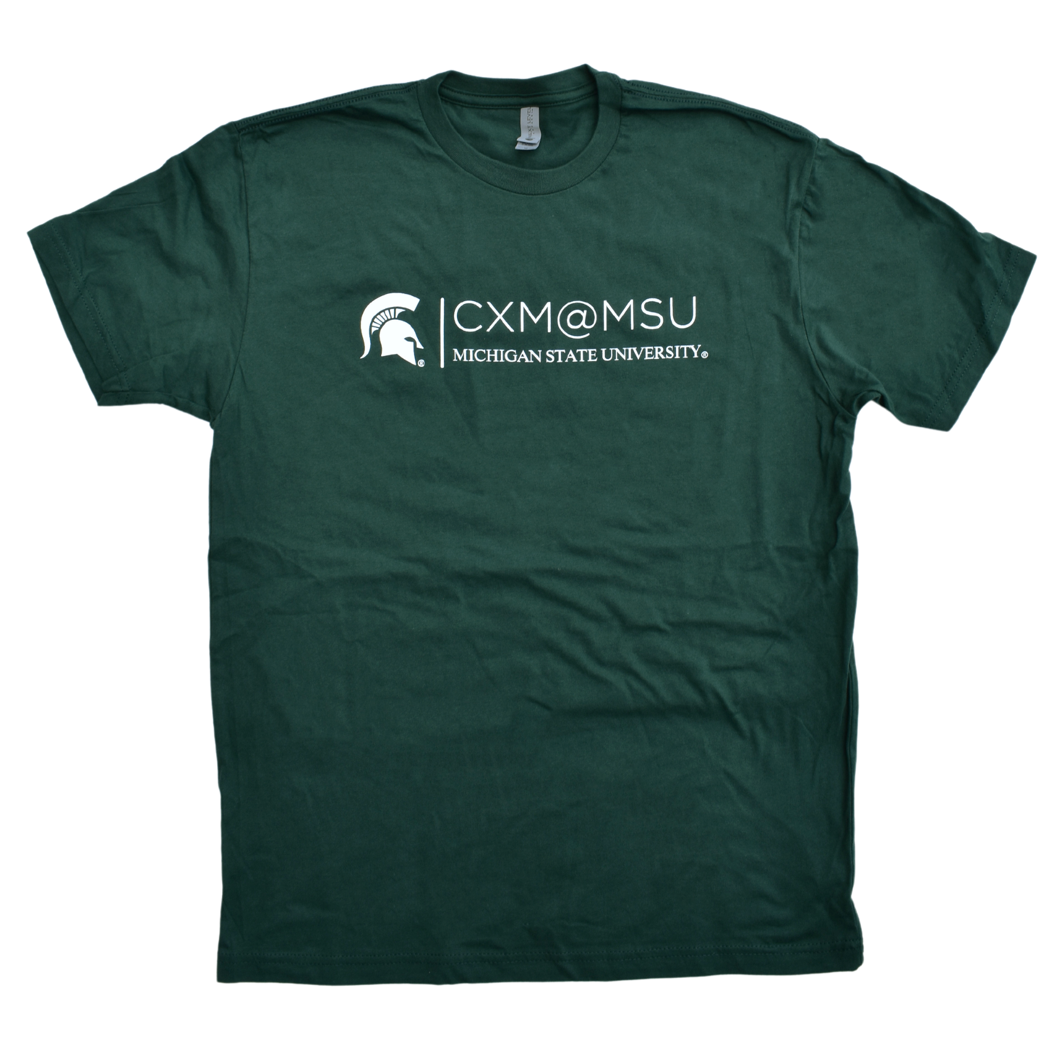 Green crewneck short-sleeve t-shirt with the CXM at MSU signature logo printed in white across the chest
