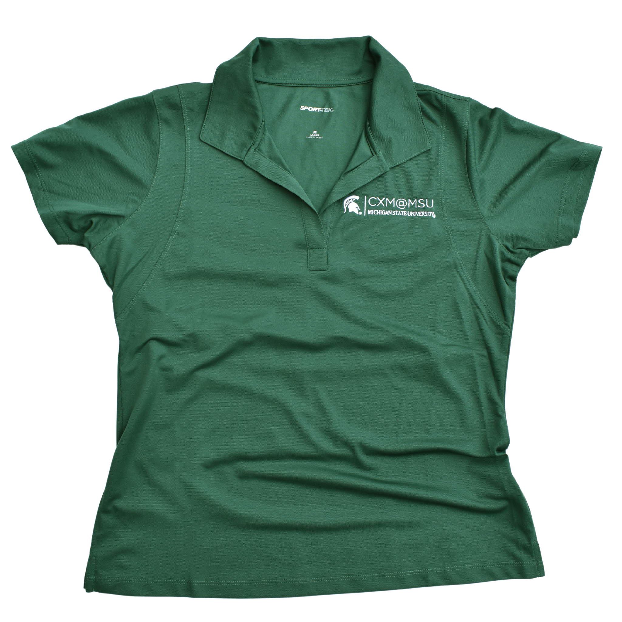 Green v-neck polo with the CXM at MSU signature logo embroidered in white on the left chest