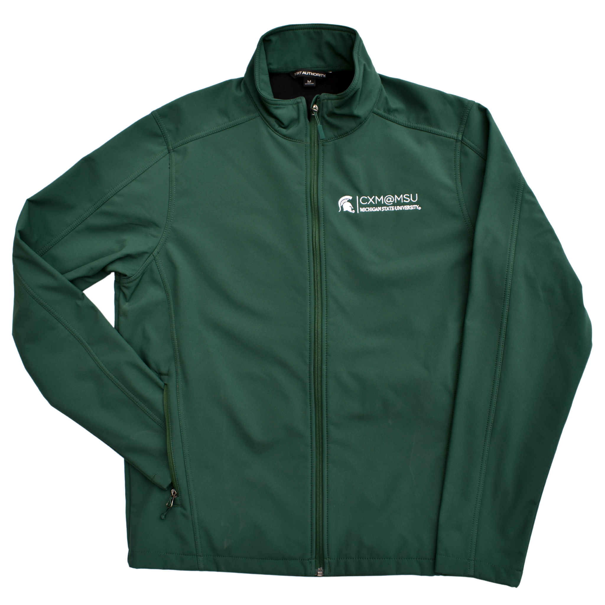 Green jacket with a standing collar and the CXM at MSU signature logo embroidered in white on the left chest