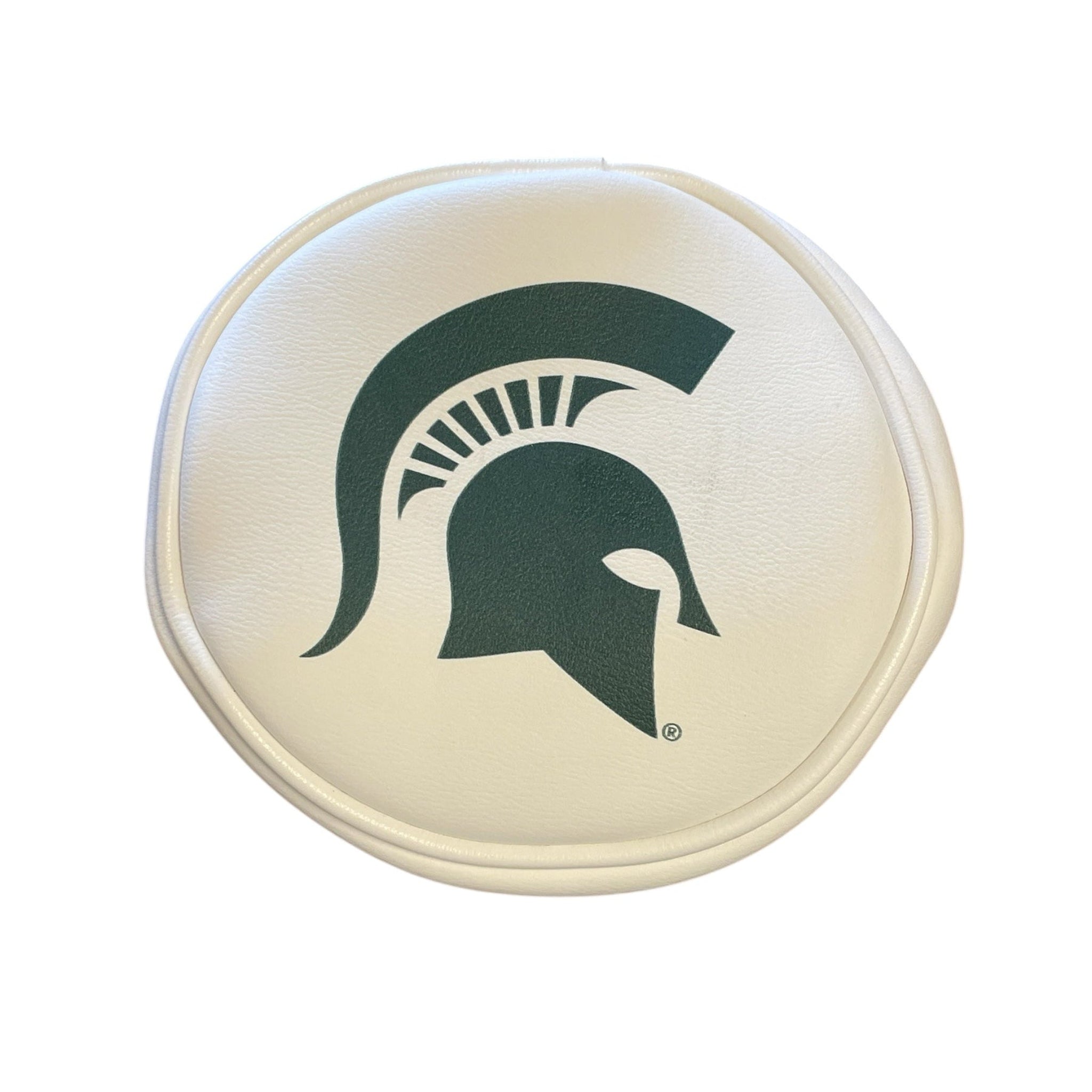Top of white barrel with a green Spartan helmet logo. Shown on a white background.