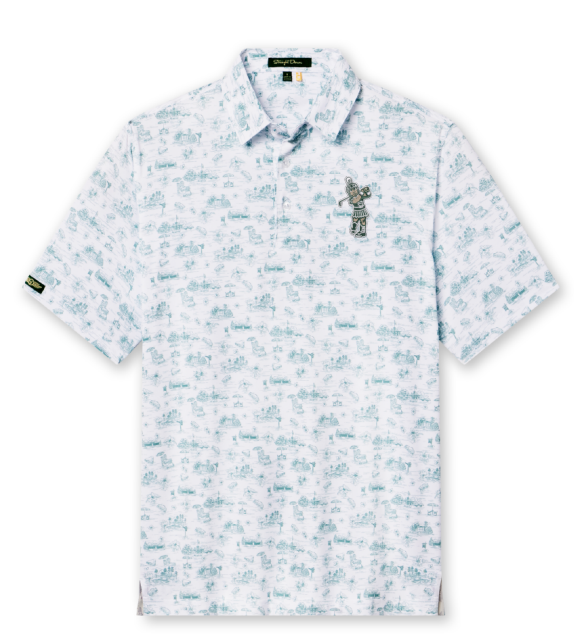 White polo with a blue pattern and the Golf Sparty logo on the upper left chest.