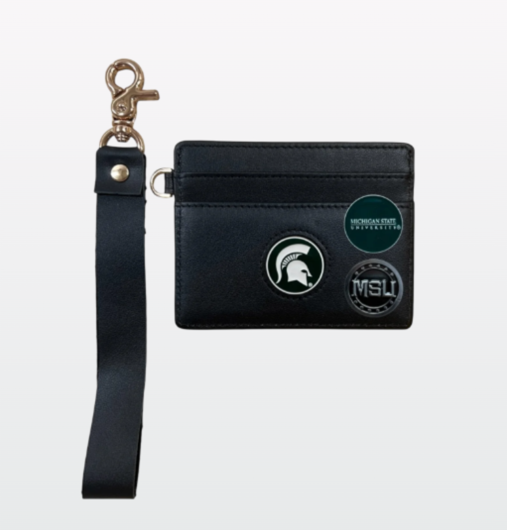 A black leather wristlet wallet with a detachable strap and three magnetic attachments featuring Michigan State branding.