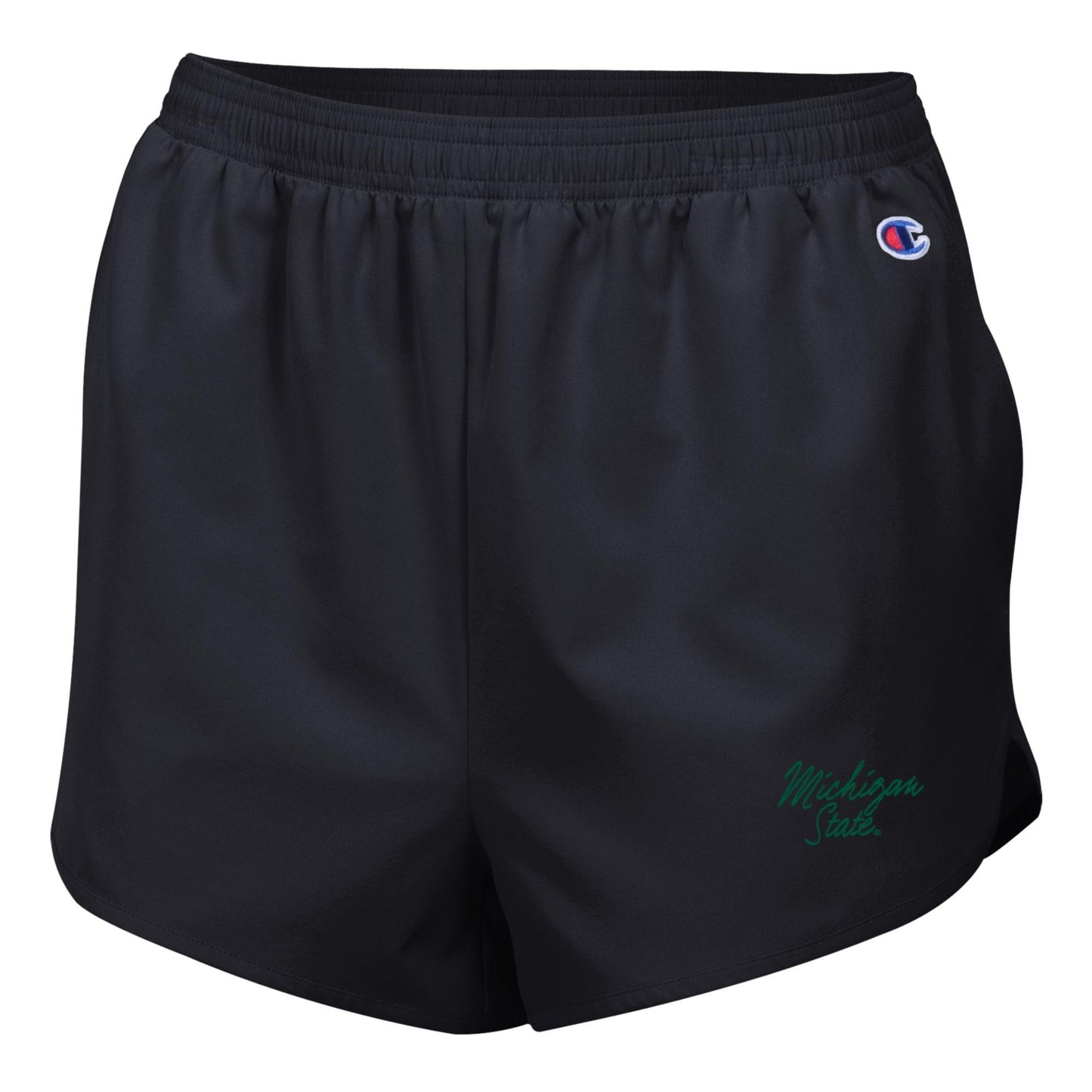 Front of black running shorts with an elastic waistband, a Champion logo on the top left side, and a green "Michigan State" script wordmark on the bottom left side.