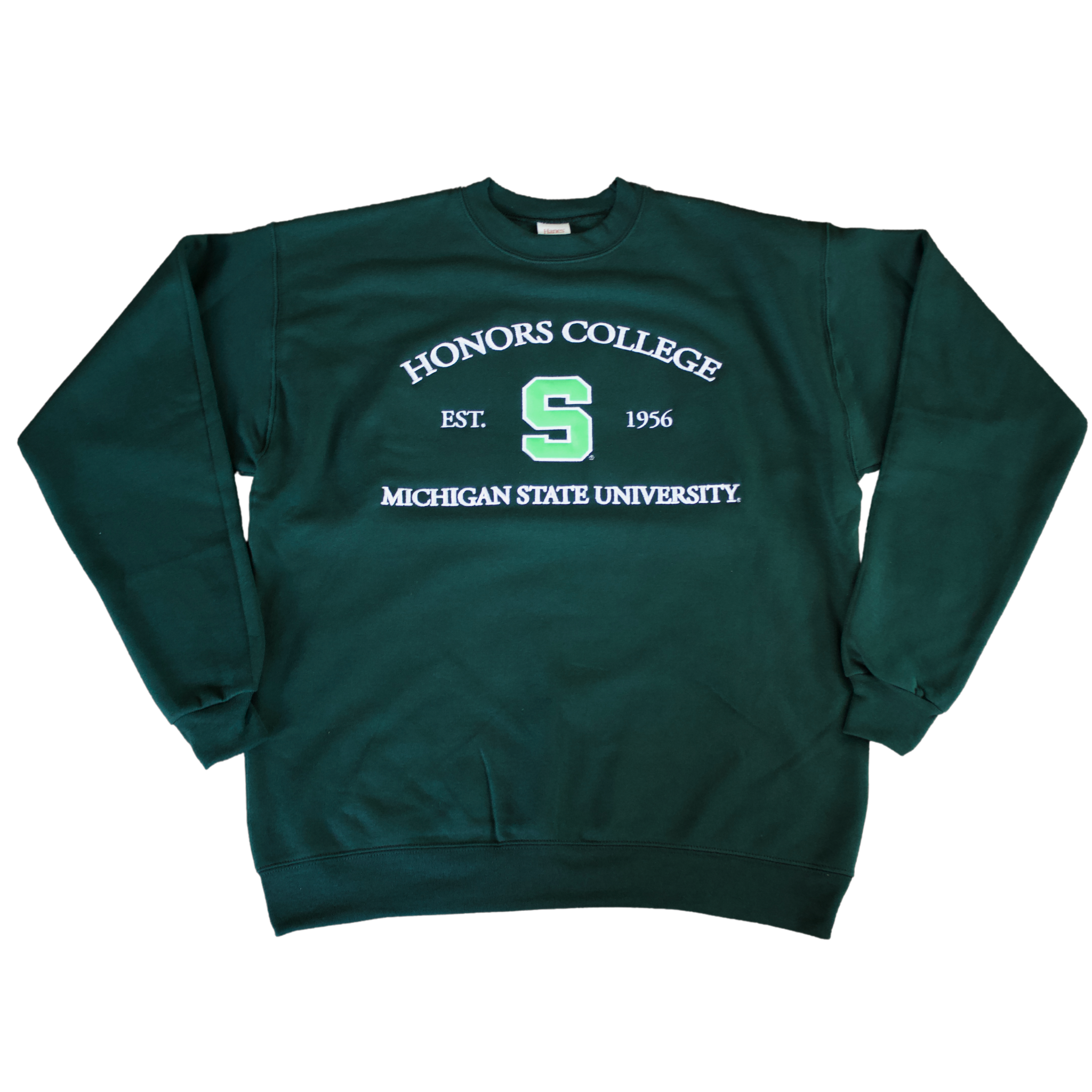 Crewneck sweatshirt in the forest green. Across the chest are three lines of white text with an embroidered “Honors College”, “Est. 1956”, and “Michigan State University”. Between “Est.” and “1956” is a large block S in lime green.
