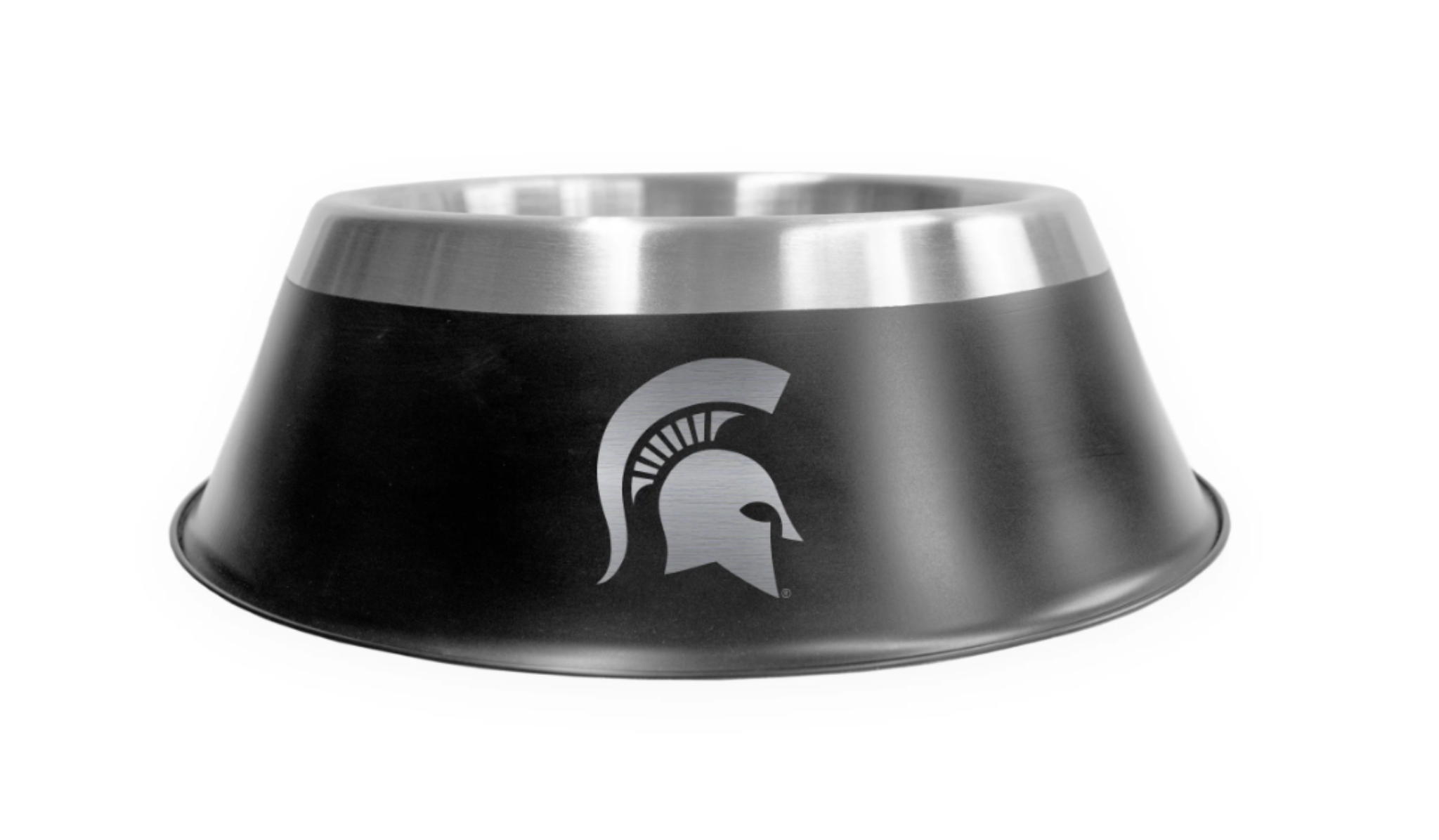 A black and stainless steel pet bowl with a Spartan helmet logo.