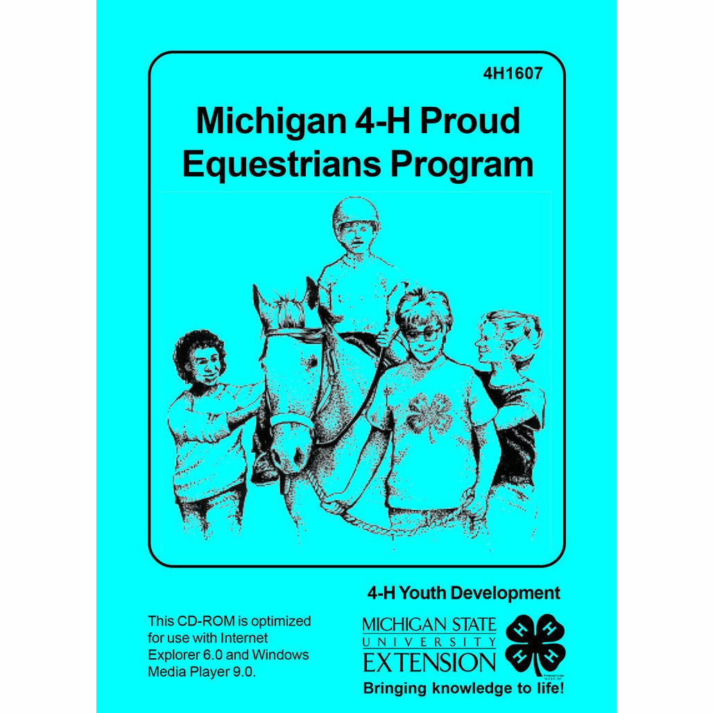 Cover of a CD titled "Michigan 4-H Proud Equestrians Program." The cover is teal blue with a drawing of a boy riding a horse. Another boy and two girls are walking next to the horse and guiding it.