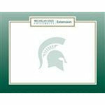 The front side of a certificate that has the MSU Extension signature at the top, followed by a green Spartan Helmet logo underneath, surrounded by a spartan green border.