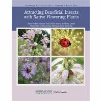 Cover of a book titled "Attracting Beneficial Insects with Native Flowering Plants." The cover has a lavender and purple background with a collage of four pictures in the center. The pictures include purple colored flowers and a red ladybug sitting on top of a plant.