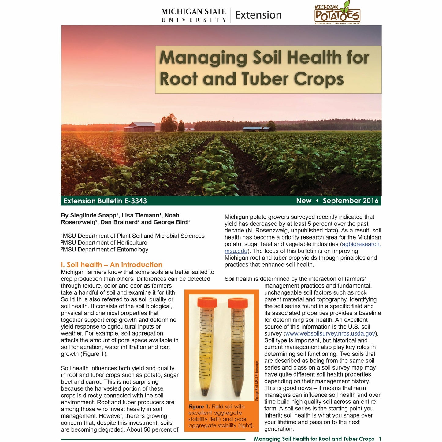 Cover of a bulletin pamphlet titled "Managing Soil Health for Root and Tuber Crops." Behind the title is a background image of two barns sitting behind an open field of crops. Below the background image is paragraph style text with an accompanying image containing soil test tubes.