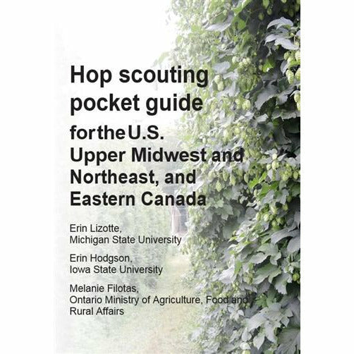 Cover of the guide titled "Hop scouting pocket guide for the U.S. Upper Midwest and Northwest, and Eastern Canada." The cover contains a background image of growing hops fading into white.