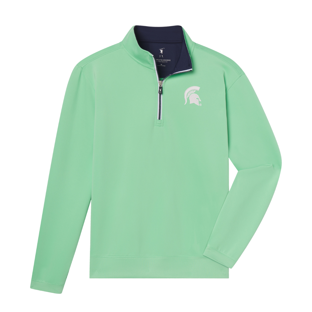 Light green quarter-zip with a navy blue contrast color on the inner collar, an exposed navy blue molder zipper, a ribbed waistband, ribbed cuffs, and a white Spartan Helmet logo embroidered on the upper left chest. Shown on a white background.